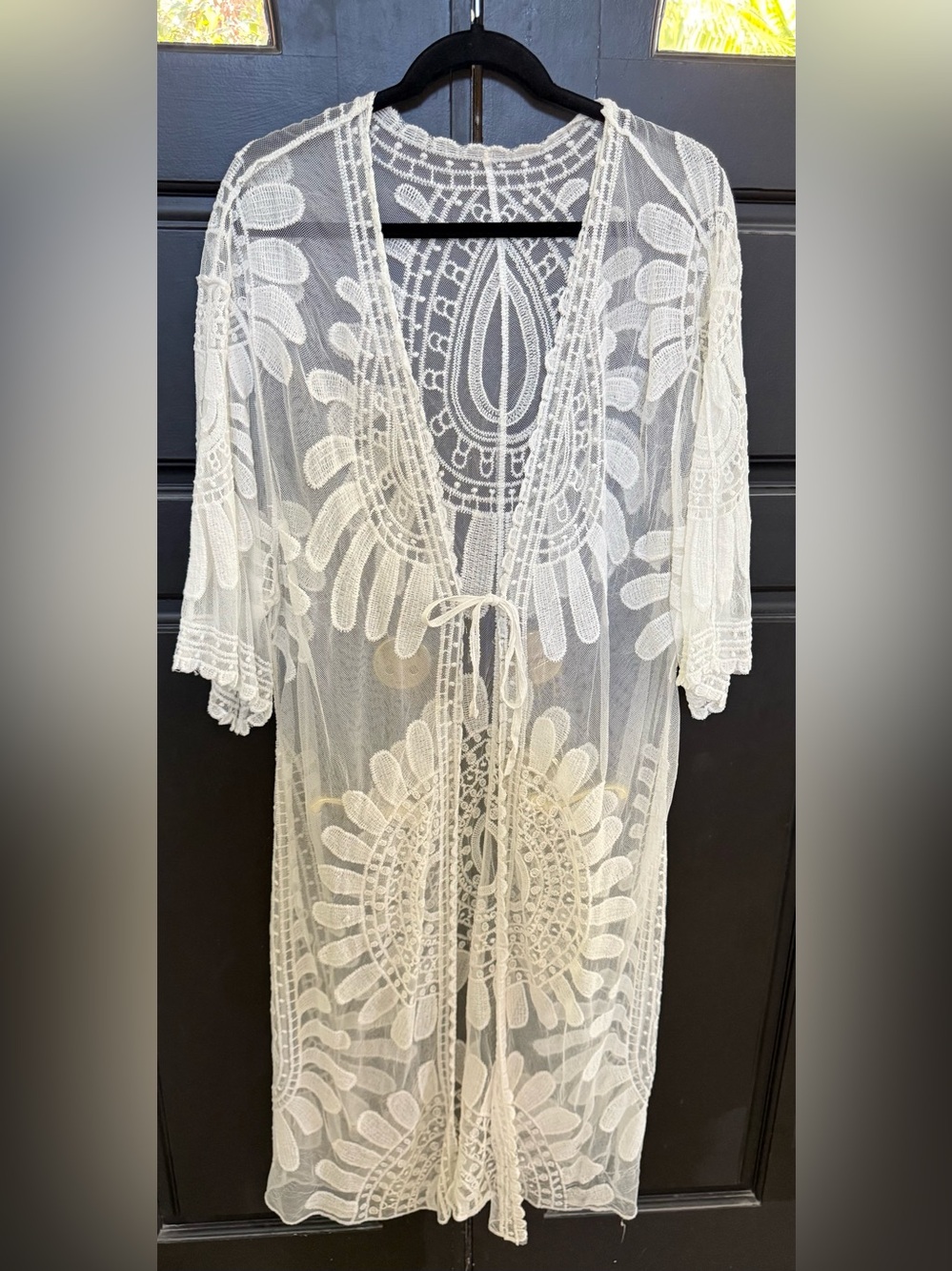 Sheer Embroidered Lace Duster Kimono Tie Front Boho M/L White